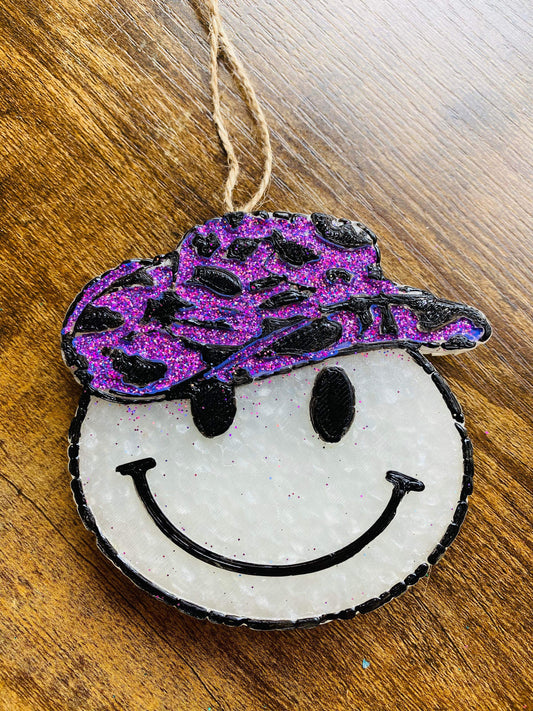 Purple glitter cowprint smiley